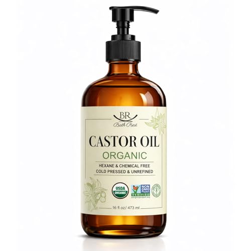 Bathrest Organic Castor Oil 16oz Cold Pressed Unrefined Vegan for Hair & Skin - Brown Bottle