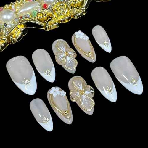 Handmade Press On Nails Medium Almond Shape White French 3D Floral & Star Design with Gold Accents | Elegant Fake Nails Reusable Acrylic Nail Tips with Crystals & Soft Beige Base (Elegant White, M)