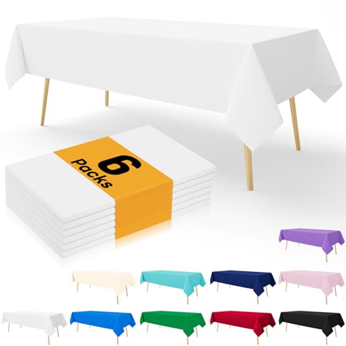 Smiry Disposable Table Cloth - 6 Pack, 54 x 108 Inch Table Cloths for Parties, Decorative Tablecloths for Rectangle Tables, Waterproof Plastic Table Cover, Leakproof & Sturdy, White