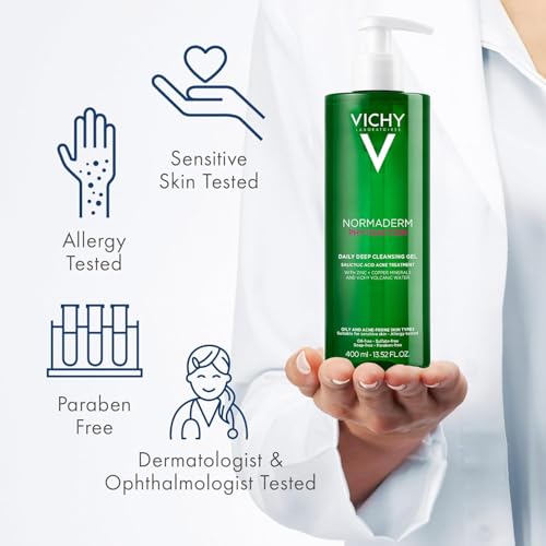 VICHY Normaderm Daily Acne Face Wash, Salicylic Acid Face Cleanser for Oily & Acne Prone Skin, Acne Cleanser that Clears Clogged Pores and Blackhead