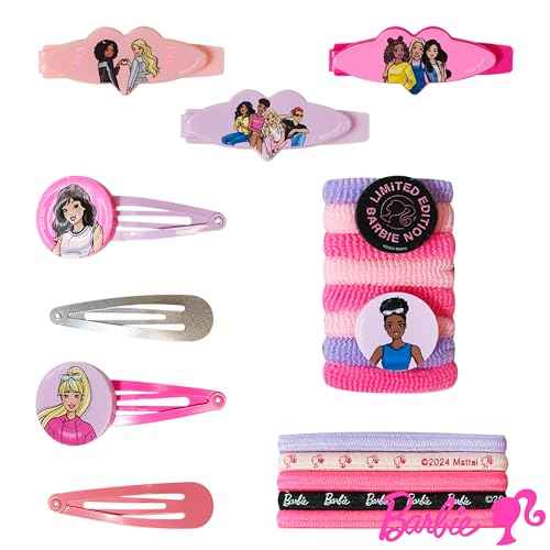 Luv Her Girls' Hair Accessories Set - 20 Pack Featuring Barbie - Includes 3 Barrettes, 4 Snap Clips, 5 Elastics, 8 Terry Ponies - Everyday Wear, Special Occasions, Ages 3+