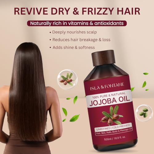 ISLA & FONTANE Jojoba Oil ? 500ml (17 fl oz) | 100% Pure & Natural | Golden, Unrefined, Cold Pressed | Hexane-Free Carrier Oil for Skin, Hair, Face, Nails & Body Moisturizing