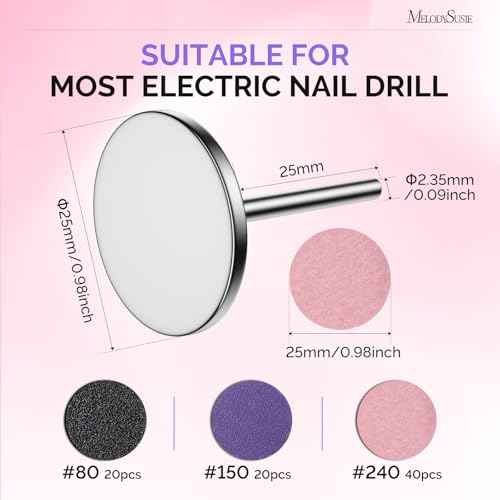 MelodySusie 80PCS Replacement Sandpaper Discs with 25mm Metal Nail Drill Bit, 80 Coarse 150 Medium 240 Extreme Fine Grit for Electric Foot File Callus Remover Tool or Polishing Craft