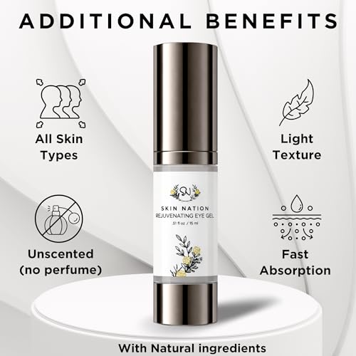 Skin Nation Rejuvenating Eye Gel, Super Hydrating with Peptides, Hyaluronic Acid and Green Tea, Lightweight Plant Based Under Eye Cream for Puffiness, Dark Circles and Smooth Skin, 0.51 oz