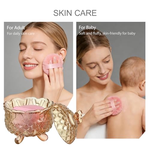 Body Powder Puff and Container set, 3.94" Small Crystal Glass Storage Jars with Dustproof Lid for Loose Powder with Soft Washable Reusable Fluffy Plush Puff (Butterfly-Amber)