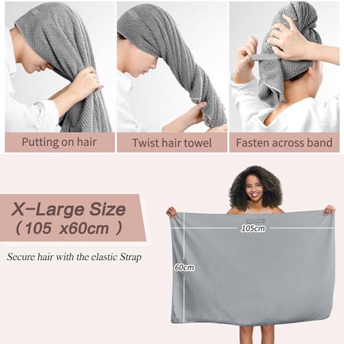 Arqumi Microfiber Hair Towel Wrap,Hair Drying Towels Bath Towels,Hair Turbans for Curly Hair,Long Hair and Short Hair, 41''x23'', Grey