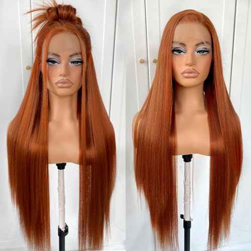 360 Ginger Orange Lace Front Wig Pre Plucked HD Synthetic Long Straight Lace Front Wigs 180 Density Yaki Glueless Ginger Lace Front Wig 32inch