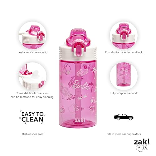 Zak Designs Sage Barbie Water Bottle For School or Travel, 16oz Durable Plastic Water Bottle With Straw, Handle, and Leak-Proof, Pop-Up Spout Cover (Barbie)