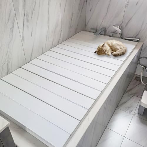 Foldable Bathtub Cover, Bath Tub Tray Waterproof, Folding Bath Covers Insulation Table Dust Board, PVC Shutter Bath Lid Plate Fits Most Tubs for Bathroom Shower (White, 59¡¿27.6¡¿0.3in)