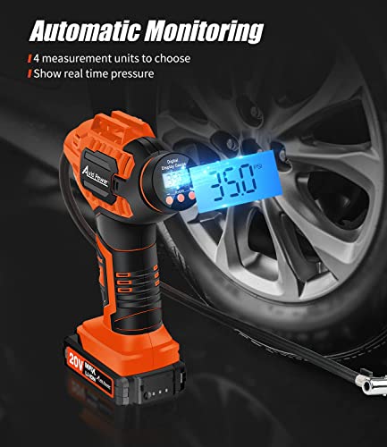 Avid Power Tire Inflator Portable Air Compressor, 20V Cordless Rechargeable Battery Tire Pump w/ 12V Car Power Adapter, Digital Pressure Gauge, Auto Air Pump for Many Inflatables (Orange)