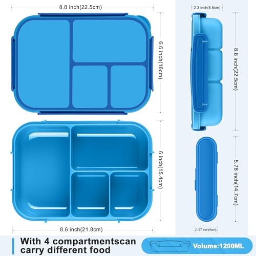 Amathley Lunch Box Kids,Bento Box Adult,Leakproof Lunch Containers for Adults/Kids/Toddler,1200ML-4 Compartments bento Lunch box with Utensil,Microwave & Dishwasher & Freezer Safe (Blue)