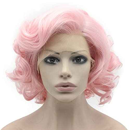 MX angel Heat Friendly Synthetic Hair Lace Front Pink Short Curly Wig