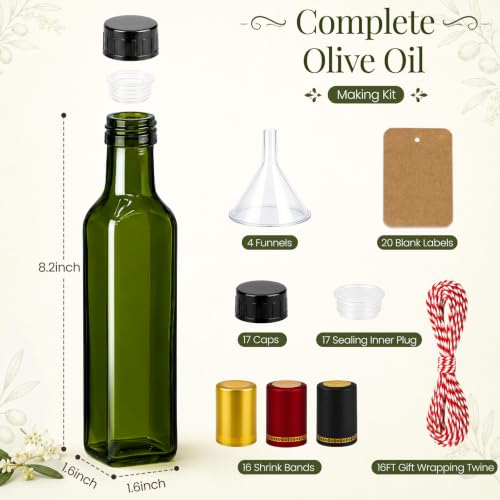TBWIND Olive Green 8.5oz Glass Olive Oil Bottles – 15 Pack with Airtight Caps & Labels
