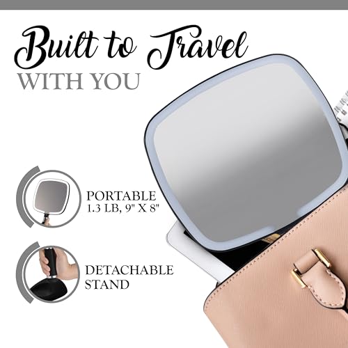 MIRRORVANA LED Travel Makeup Mirror - 9x13 Inch Handheld with Bright Lighting, Rechargeable, Adjustable Stand, Black