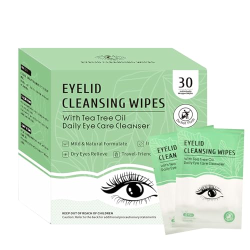 30 Count Eyelid Wipes, Gentle Eyelid Cleansing Wipes with Tea Tree Oil, Moisturizing Eye Wipes for People with Dry Eyes, Itchy, Styes & Blepharitis, Eyelid & Lash Wipes Individually Wrapped for Travel