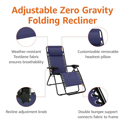 Amazon Basics Zero Gravity Lounge Chair with Pillow Navy Blue, Foldable Outdoor Recliner 300 lb