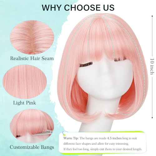 Light Pink Bob Wig with Bangs - Synthetic Short Wig for Women