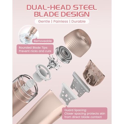 Bikini Trimmer for Women, Painless Dual Head Shaver for Sensitive Skin, IPX7 Waterproof for Safe Shower, USB-C, Detachable Head, Portable 2 in 1 Electric Razors for Pubic Hair, Rose Gold