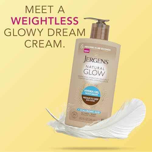 Jergens Natural Glow Hydra Gel Moisturizer, Hyaluronic Acid Tanning Lotion, Hydrating Tanning Gel, Fragrance-Free Self Tanner, Medium to Deep Skin Tones 8.3 Oz