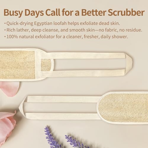 Natural Egyptian Loofah Back Scrubber for Shower,Extra Rough,Deep Exfoliating,Rich Foam,Quick Drying Dual-Handle Strap Exfoliator for Men and Women