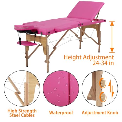 BestMassage Portable Folding Massage Bed 24-inch Wide, Pink, 3-Section, Height Adjustable