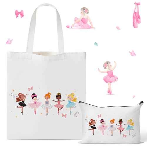 Y1tvei Ballerina Canvas Bag Set- Cute Dancing Girls Canvas Tote Bag Makeup Pouch with Inner Pocket, Gifts for Dance Recital