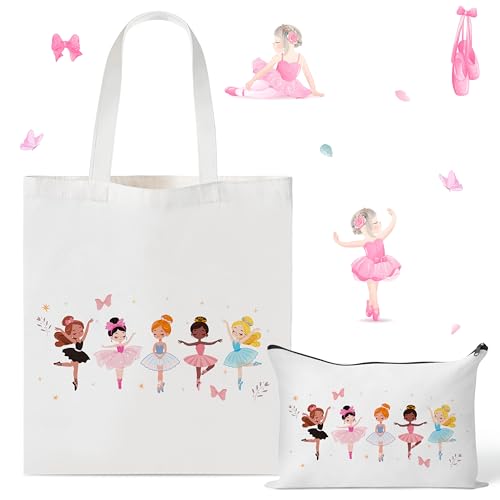 Y1tvei Ballerina Canvas Bag Set- Cute Dancing Girls Canvas Tote Bag Makeup Pouch with Inner Pocket, Gifts for Dance Recital