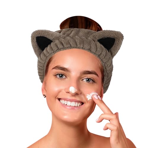 Aiphamy Facial Spa Headband Cosmetic Makeup Headband Skincare Headband for Washing Face Makeup (Cat Ear Brown)