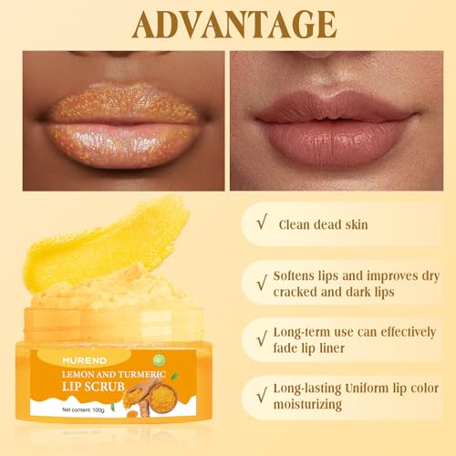 Turmeric Lemon Lip Scrub with Brush - Natural Exfoliator for Dark, Chapped Lips