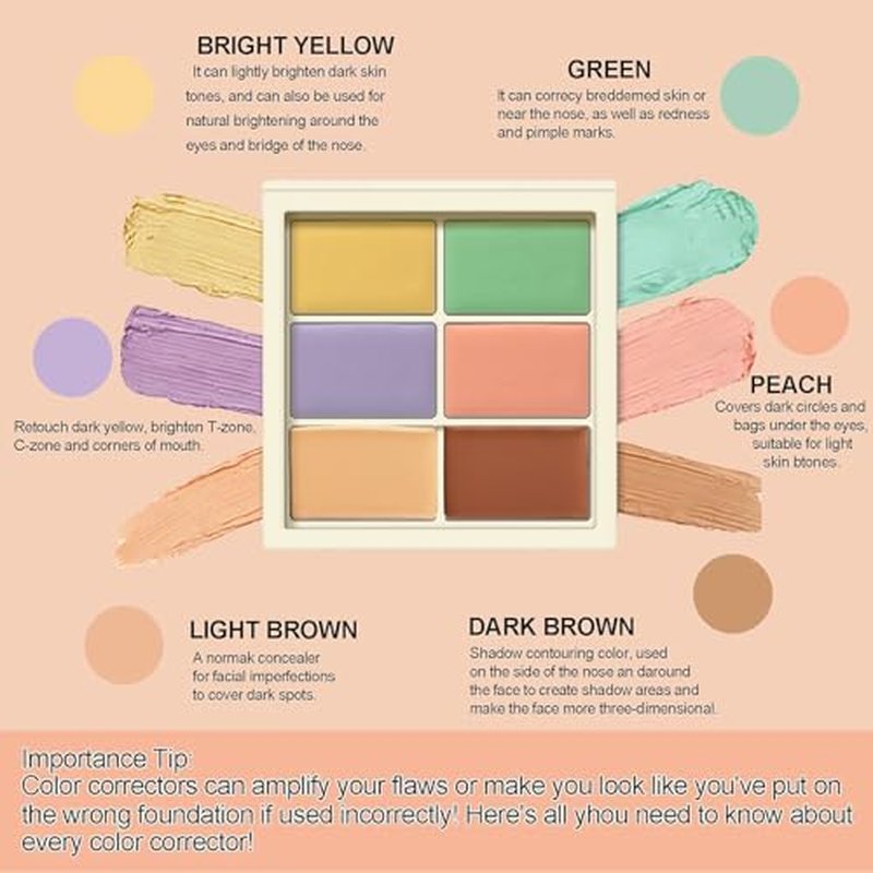 6 Colors Correcting Palette, Makeup Cream Contour Palette, Contouring Foundation Highlighting Concealer Palette for Conceals Dark Circles, Redness, Acne, Blemish