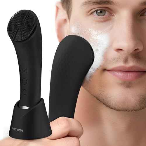 PRITECH Facial Cleansing Brush, Rechargeable Silicone Face Scrubber with Heat Massage End, Vibrating Exfoliator Scrubber for Deep Cleaning, Waterproof Face Brush for Women and Men (Black)