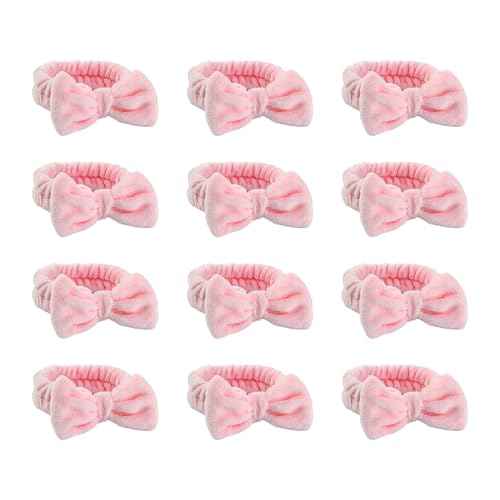 Spa Headbands,Makeup Headbands for Women,Facial Headband Bulk,Soft Coral Fleece Headband for Makeup,Cosmetic Head Wraps,Bow Hair Bands for Face Washing Shower Skin Care (pink, 12pcs)