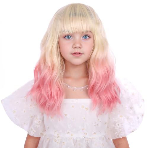 Edivd Blonde Ombre Pink Kids Wigs Short Curly Synthetic Wig with Air Bangs & Adjustable Cap