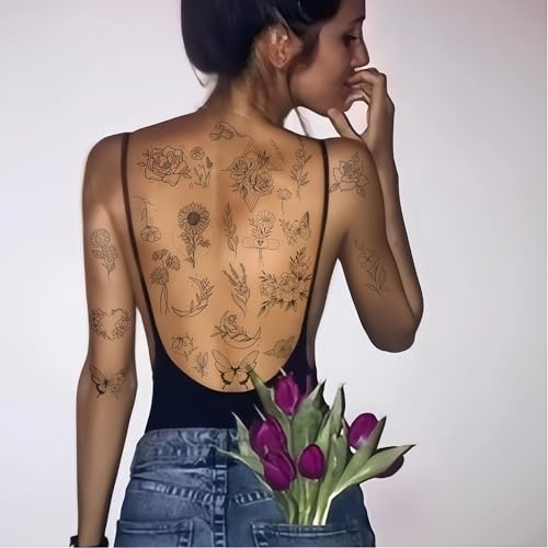 Floral Bouquet Temporary Tattoos for Women - 3 Sheets, 5-7 Day Waterproof