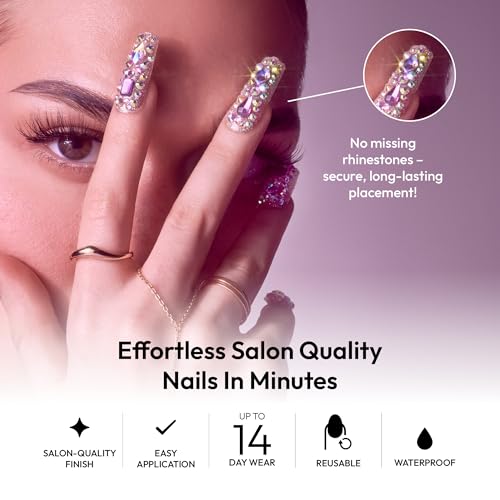 Glitzy 3D Handmade Press On Nail Kit, Multicolor Rhinestone Gem X-Long Square False Nail, Reusable & Lasts Up To 2 Weeks, Seamless Snug Fit Technology, Includes Glue, File & 28Pcs Manicure Set