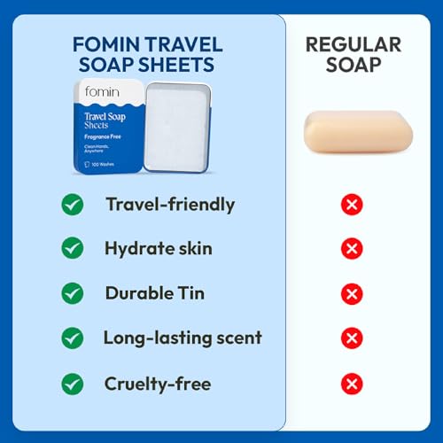 FOMIN Paper Soap Sheets - 100 Portable Travel Sheets in Tin