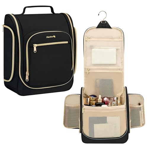 Hanke Hanging Travel Toiletry Bag for Men and Women, Water-Resistant Toiletries Bag Makeup Organizer with Hook, Cosmetic Bag for Bathroom & Travel Essentials Accessories, Black