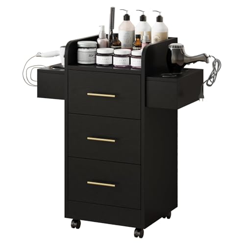 Rolling Salon Station with 6 Hair Dryer Holders & 3 Drawers