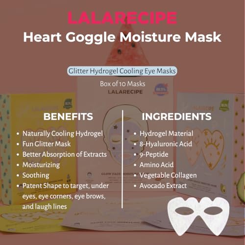 LALARECIPE Heart Goggle Moisture Eye Mask ? Hydrating & Cooling Hydrogel Patches with 8-Hyaluronic Acid, Avocado & Collagen ? Korean Skincare for Dry & Sensitive Skin (Pack of 10)
