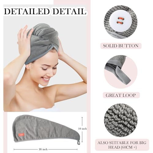 YoulerTex Microfiber Hair Towel Wrap for Women, 2 Pack 10 inch X 26 inch Super Absorbent Quick Dry Hair Turban for Drying Curly Long Thick Hair (Gray)