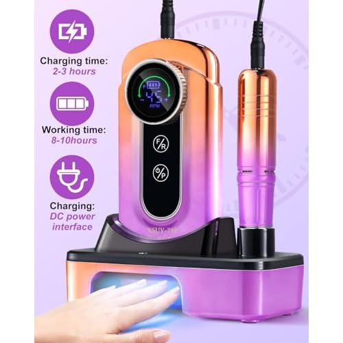 Professional Electric Nail Drill Kits 45000RPM Gradient Purple Portable Cordless 3-in-1 Nail File Machine with Rechargeable Stand and Nail Lamp for Acrylic Gel Polish Removing Home & Salon Use