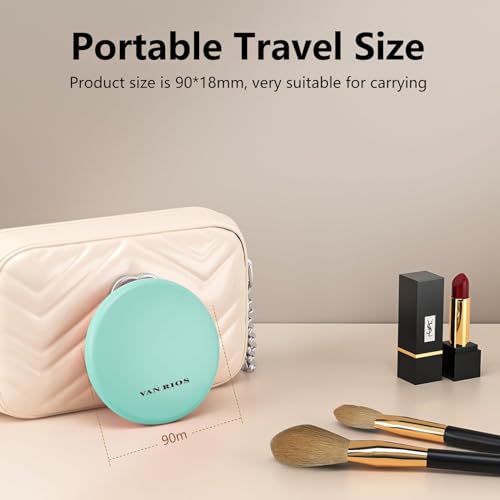 Rechargeable 15X Magnifying Pocket Mirror for Travel Makeup Compact 3.5 inch Round Folding Mirror with LED Light, Ideal Gift for Women and Rare Beauty(Cyan)