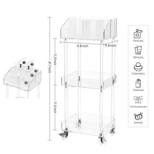Aquiver 3-Tier Acrylic Makeup Organizer Cart - Rolling Vanity Storage