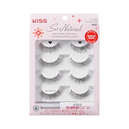 KISS So Natural Holiday False Eyelashes, ¡®Shy Natural¡¯, 8mm-10mm, Natural Volume, Tapered Ends, 3 Pairs + 1 Pair with Glitter, KISS SuperStick Strip Lash Adhesive, Clear, Net Wt. 4.8g (0.17 oz.)