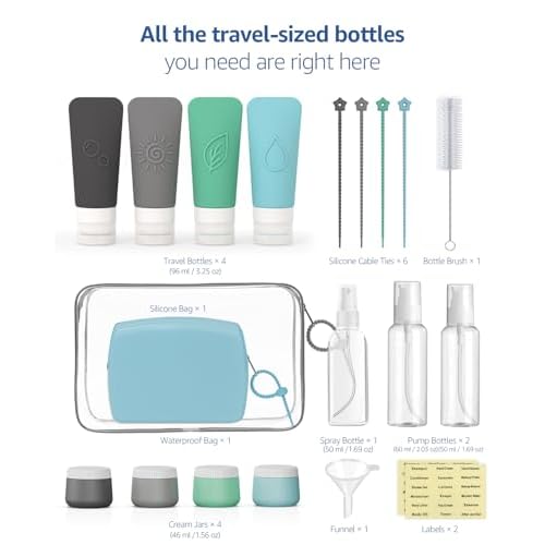 23-Piece All-in-One Silicone Travel Bottles Set ? TSA Approved Leakproof Toiletry Kit with Double Bags, Flat Easy-Squeeze Bottles with Tactile Icons, Cream Jars, Pump & Spray, Cleaning Brush
