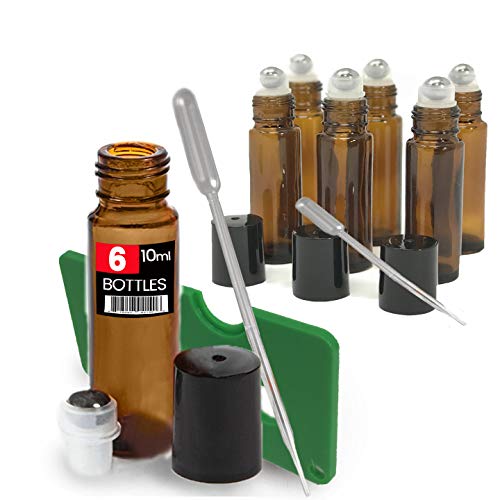 iPrimio Amber Brown Roller Bottles Set, 10 ml Roll On Stainless Steel Roller Balls for Essential Oils, Includes Droppers, Opener, and Labels for Essential Oils, Perfume, Refillable 6 Pack UV Amber