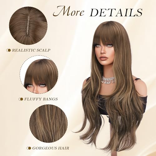 Haloo 26" Blonde Brown Wavy Wig with Bangs - Heat Resistant Synthetic