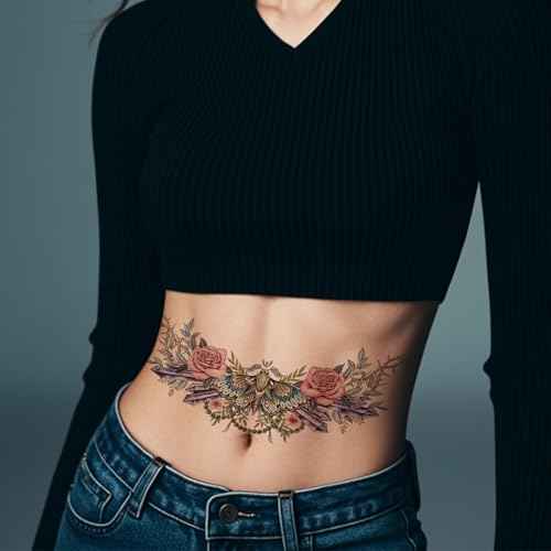 POSTA 6 Sheets Chest Large Temporary Tattoo for Women, Abdomen Waist Back Fake Tattoos for Adults, Realistic Moth Flowers Tattoo Stickers, Body Scar Cover Belly Tattoos