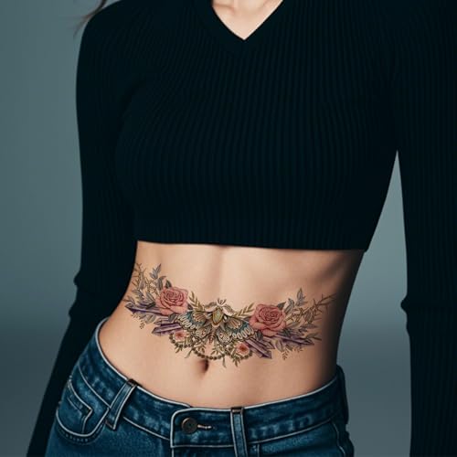 6 Sheet Temporary Tattoo Stickers - Moth Flowers Large Size