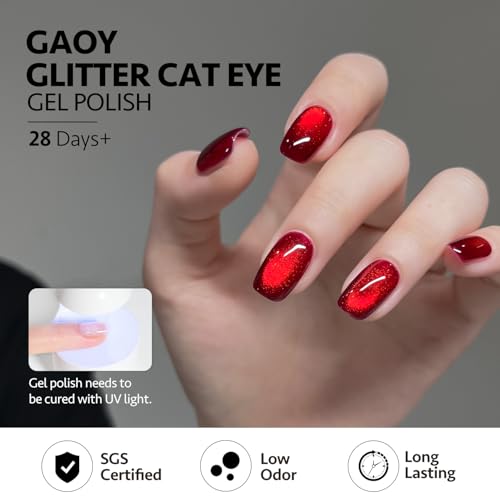 GAOY Red Cat Eye Gel Nail Polish with Magnet - 16ml Holographic UV Gel